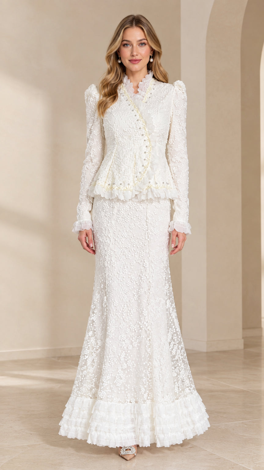 White floral lace peplum top and matching mermaid maxi skirt two-piece set front view