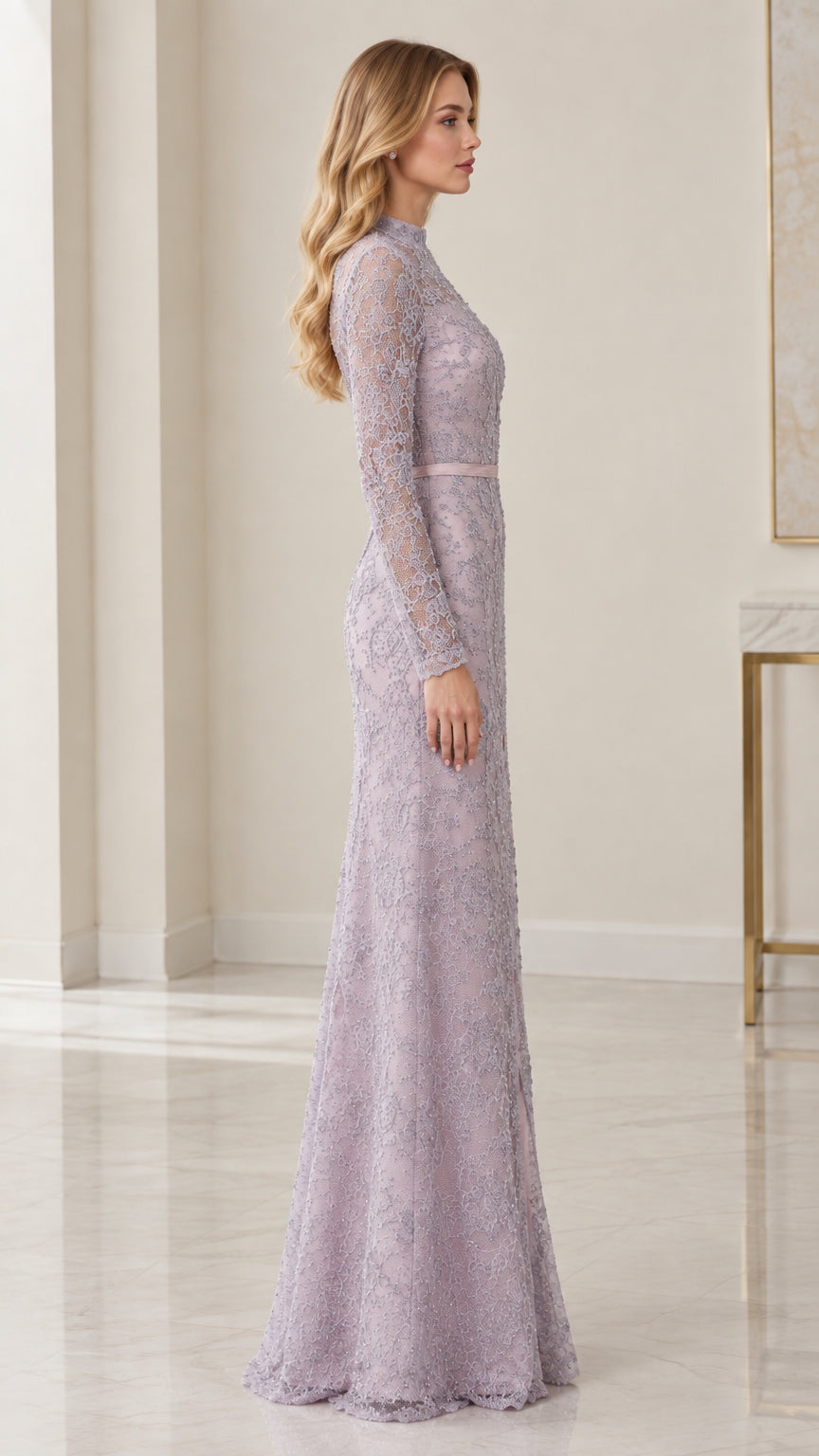 Side profile view of lavender long sleeve lace formal maxi dress