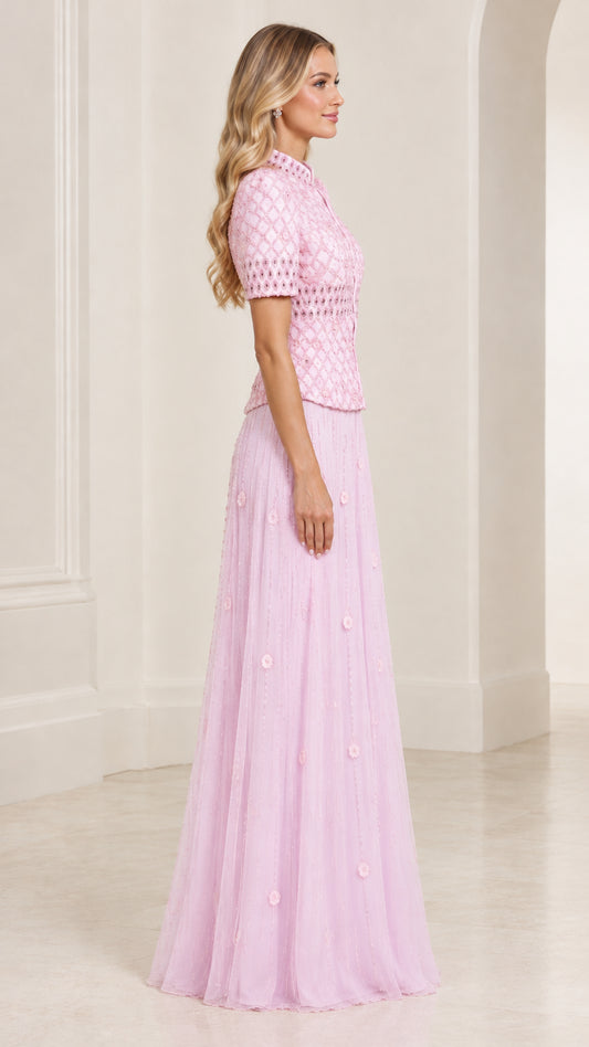 Side profile view of Light Pink short sleeve formal maxi dress