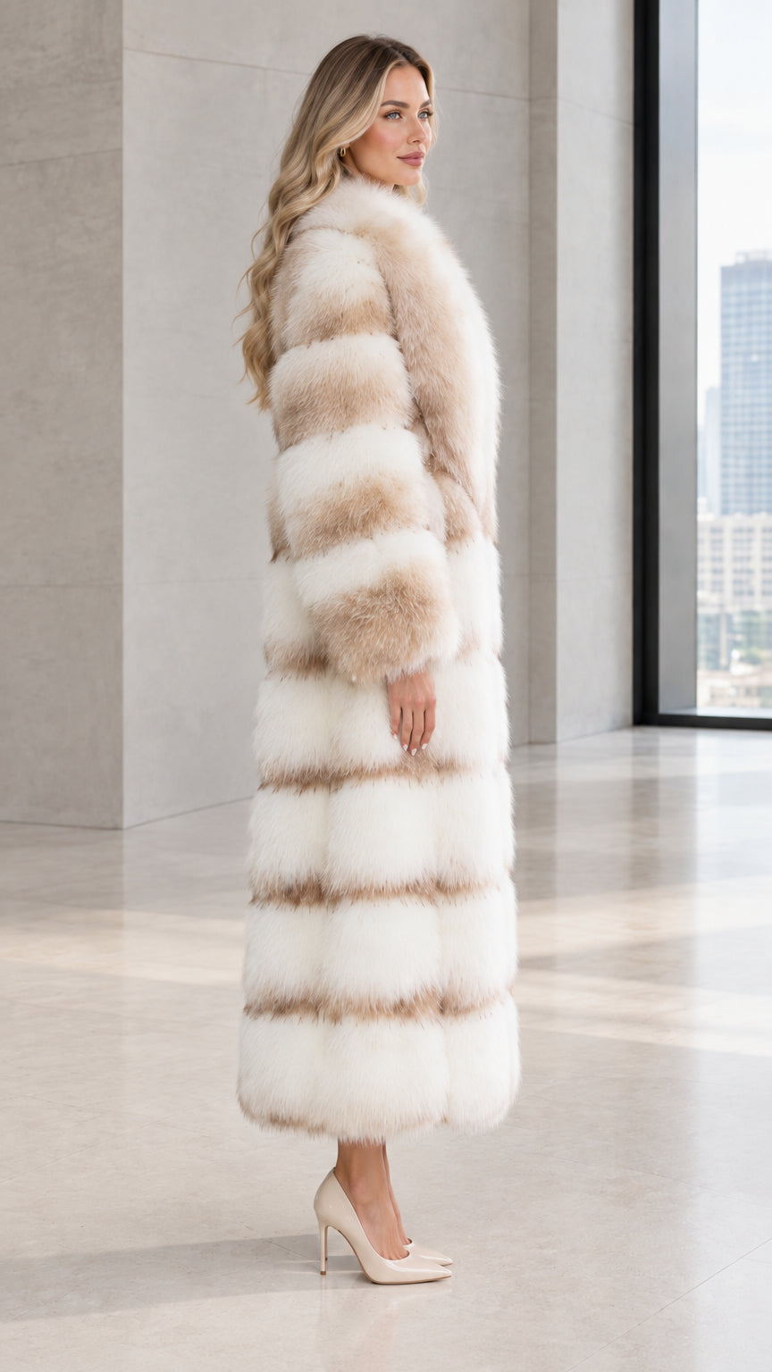 Side profile view of woman wearing full-length cream beige striped faux fur outerwear