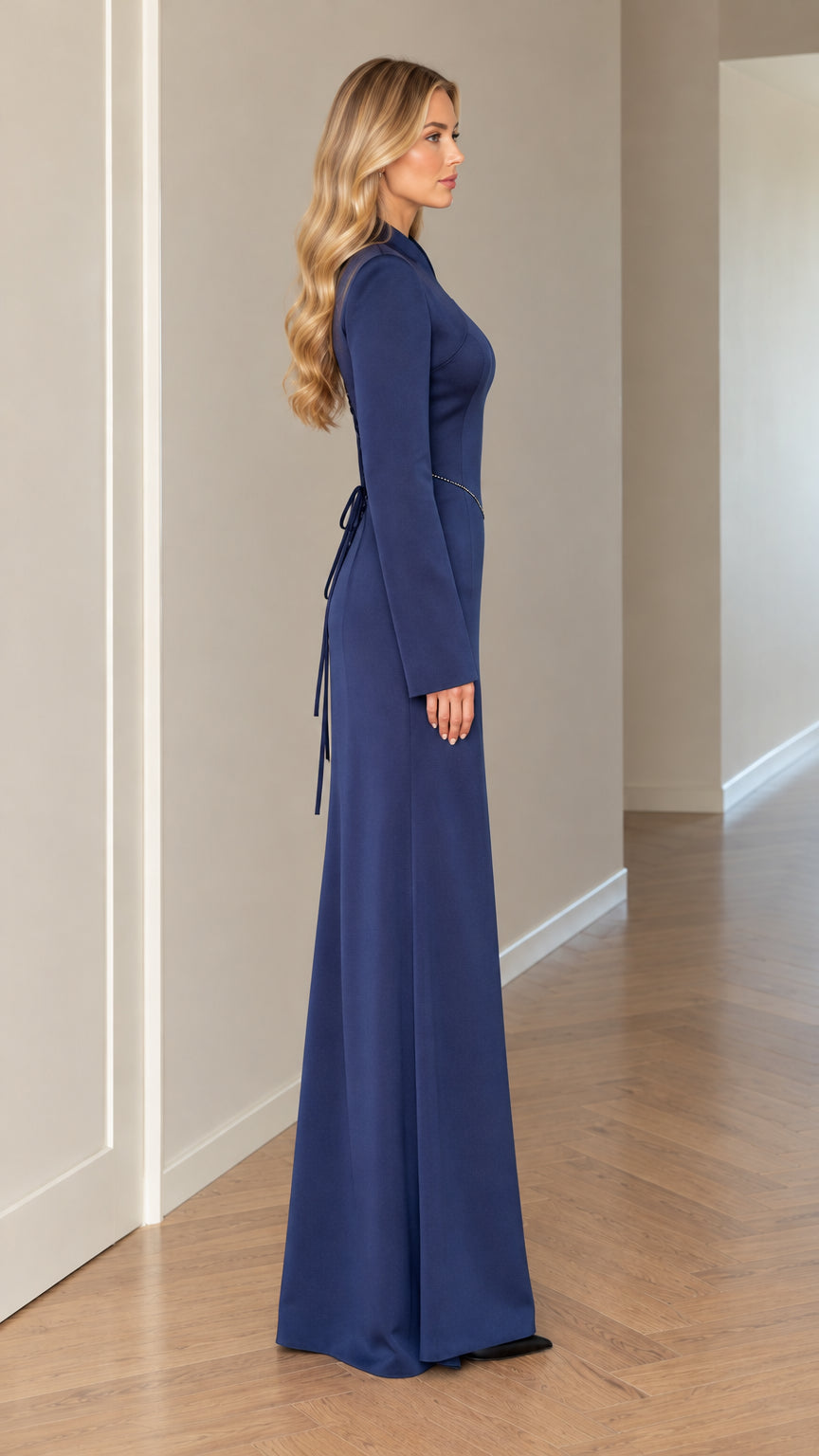 Side profile view of Navy Blue long sleeve formal maxi gown