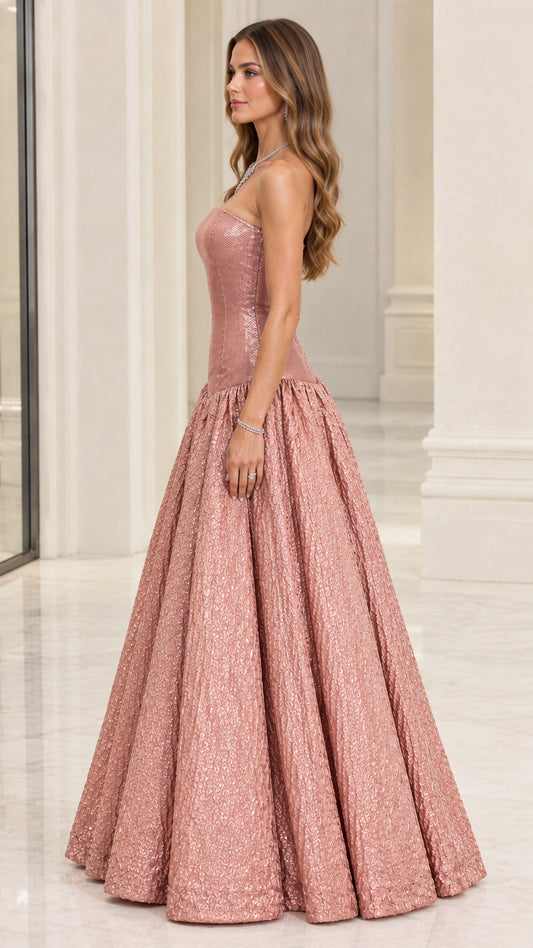 Side profile view of model wearing Rose Gold metallic drop-waist formal gown