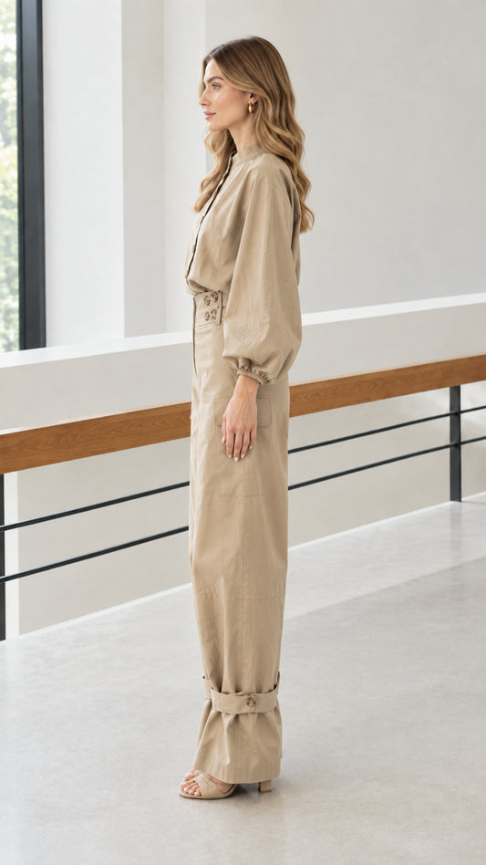 Side profile of woman in khaki lantern sleeve top and matching cargo trousers