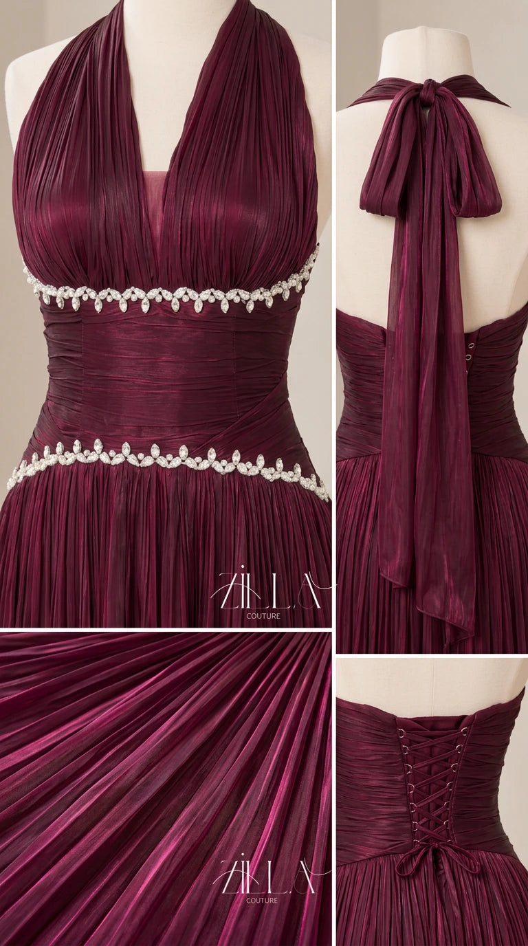 Detailed close-up of pleated bodice, pearl trim, and back lace-up closure