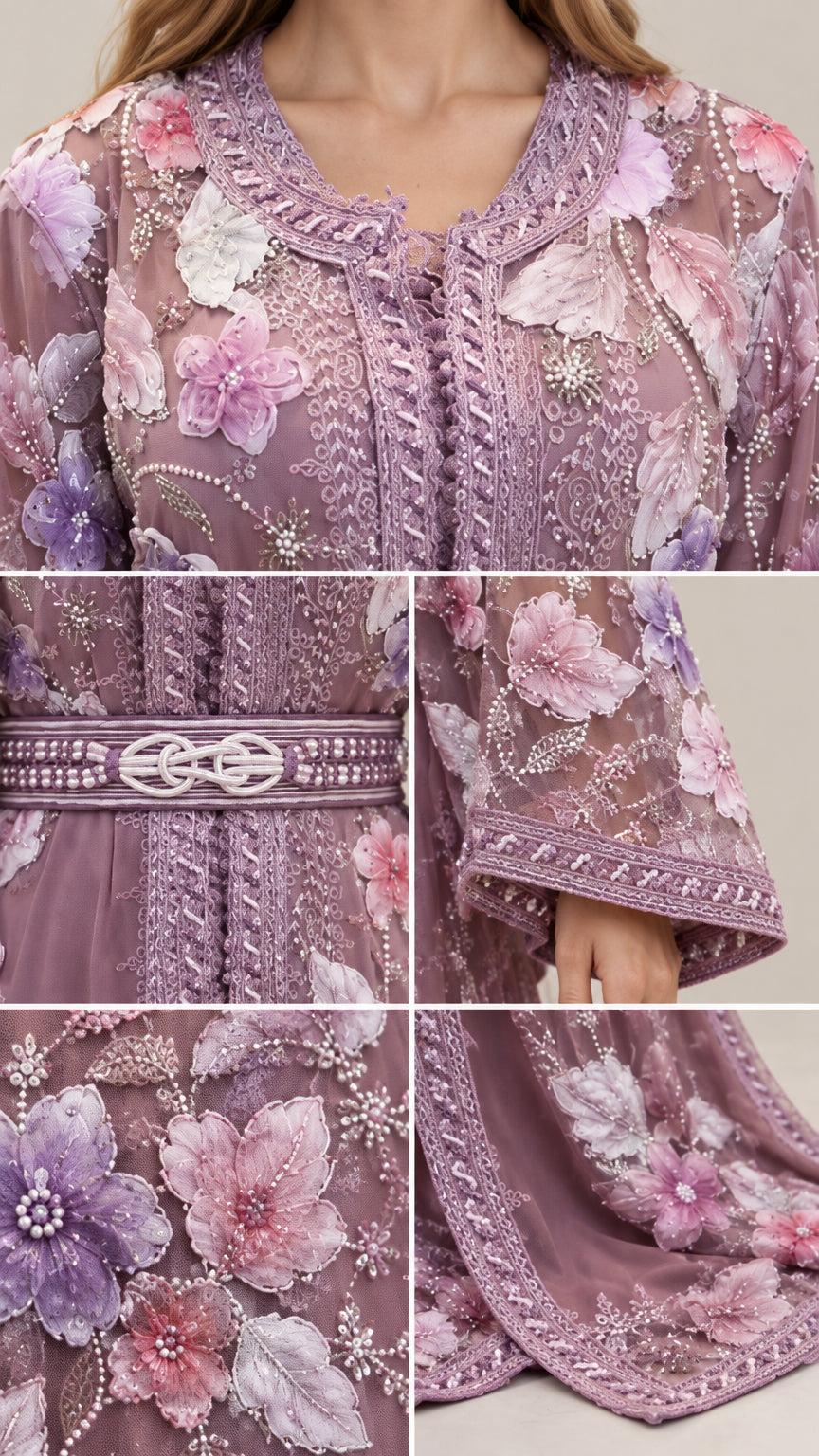 Close-up details of 3D floral embroidery, beaded trim, and ornate waist belt buckle