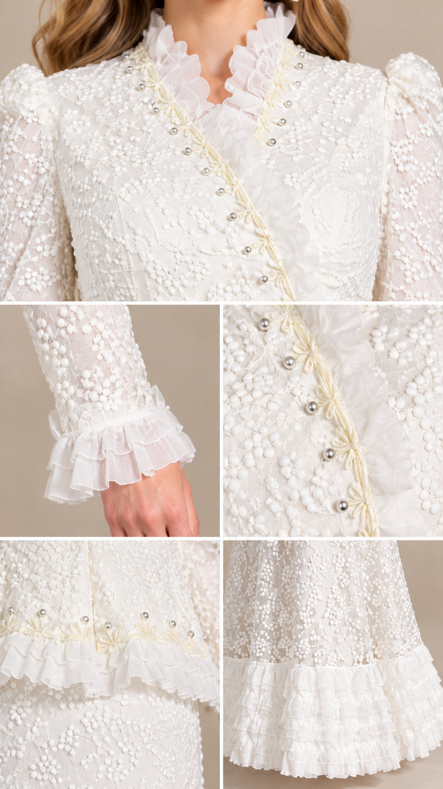 Close-up details of ruffled neckline, decorative buttons, and textured lace
