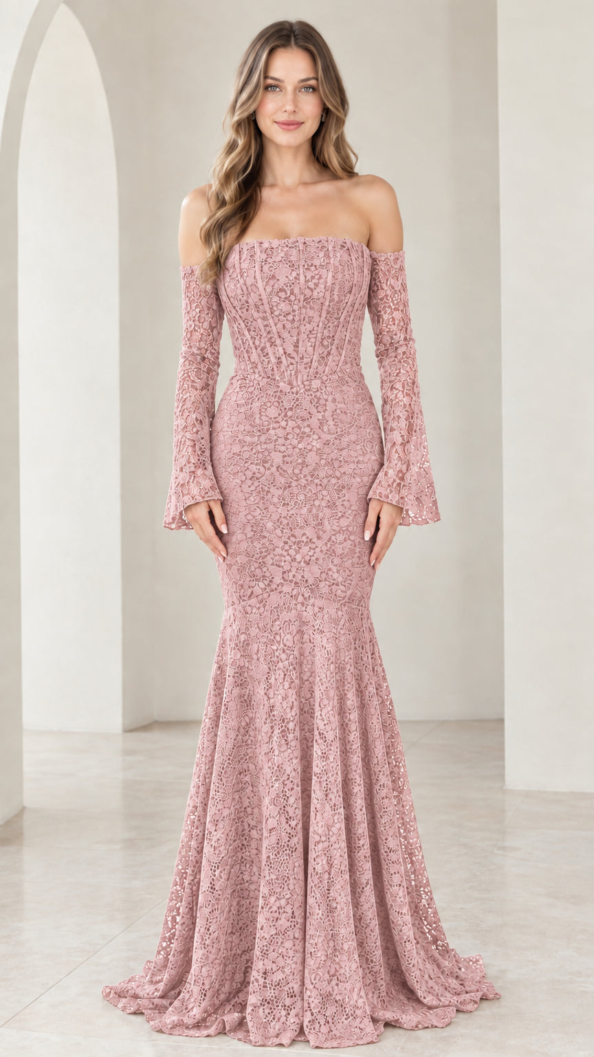 Dusty pink off-the-shoulder lace mermaid evening gown with bell sleeves