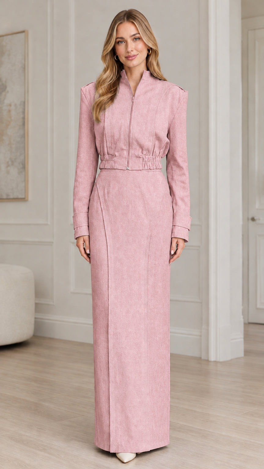 Dusty pink long sleeve zip jacket and matching column maxi skirt set