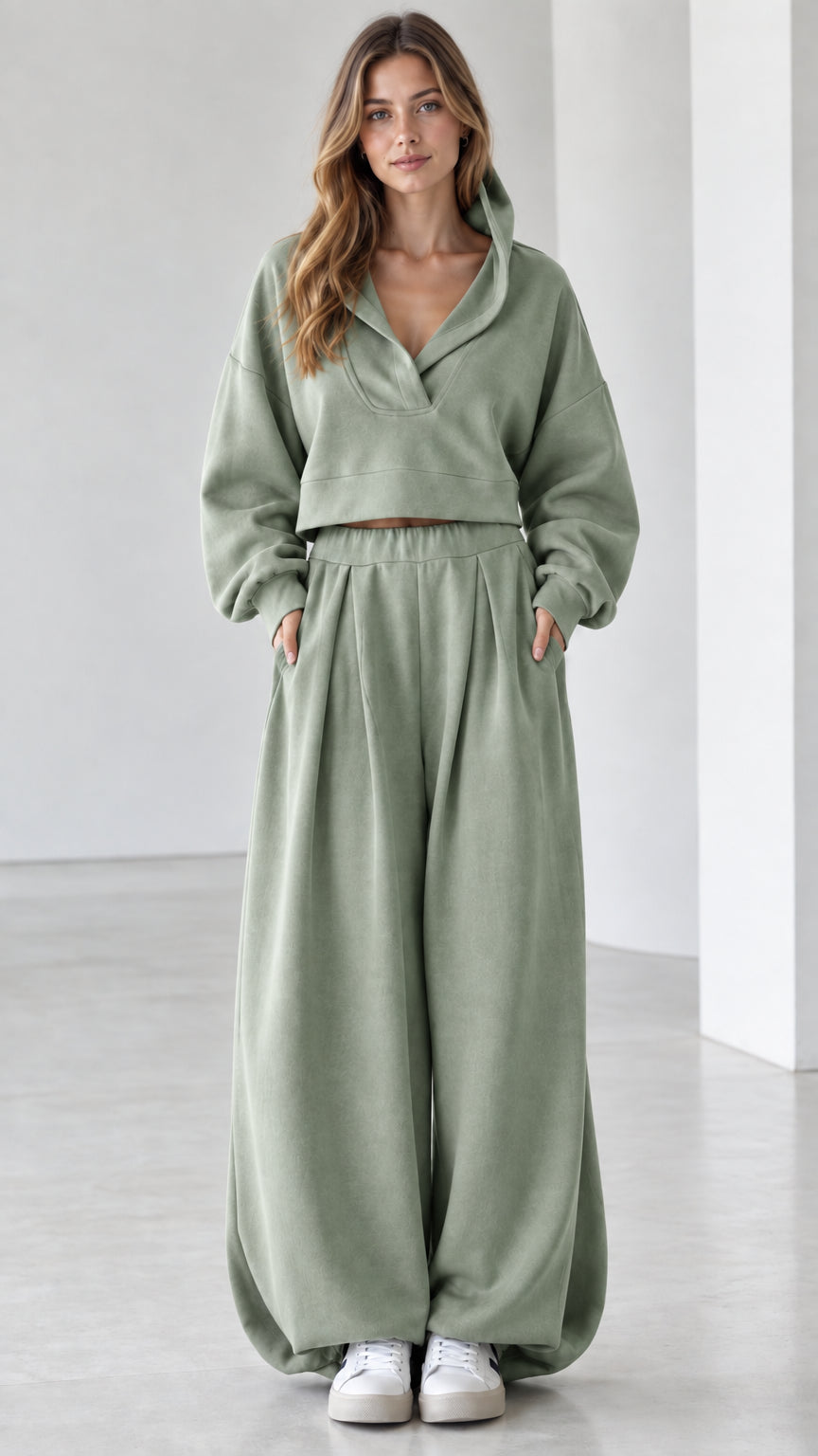 Full front view of women's two-piece cropped hoodie and wide-leg sweatpants set in Sage Green