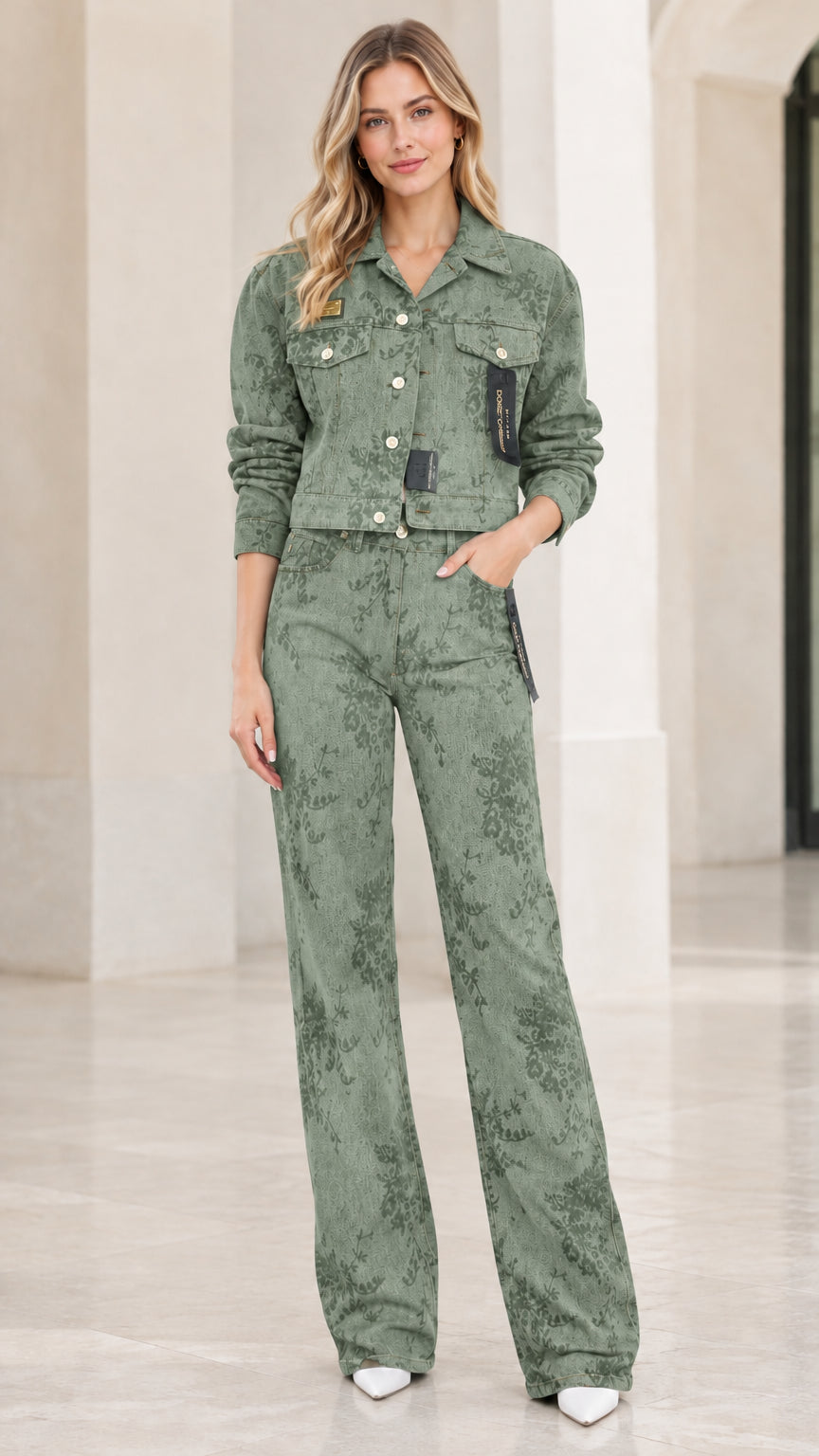 Model wearing sage green floral denim two-piece matching jacket and pants set