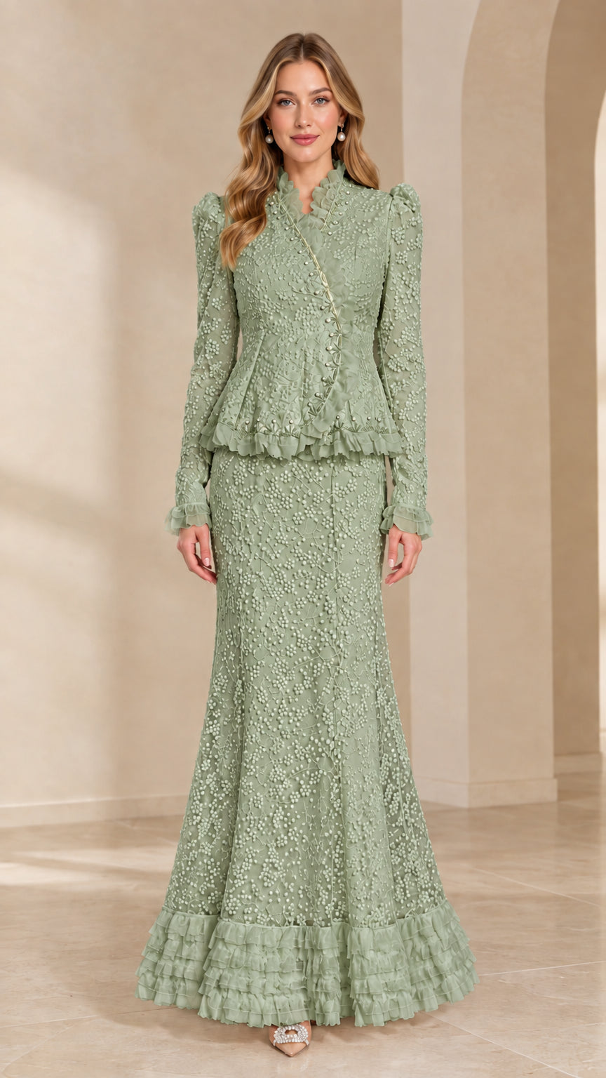 Sage green floral lace peplum top and long mermaid skirt set