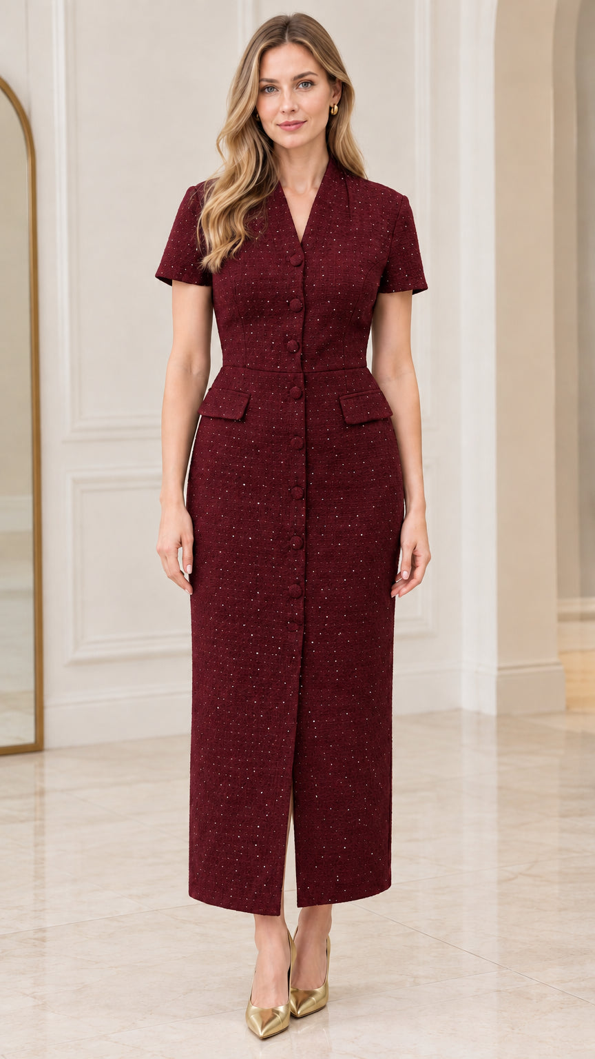 Model wearing burgundy short-sleeve tweed midi dress with front buttons