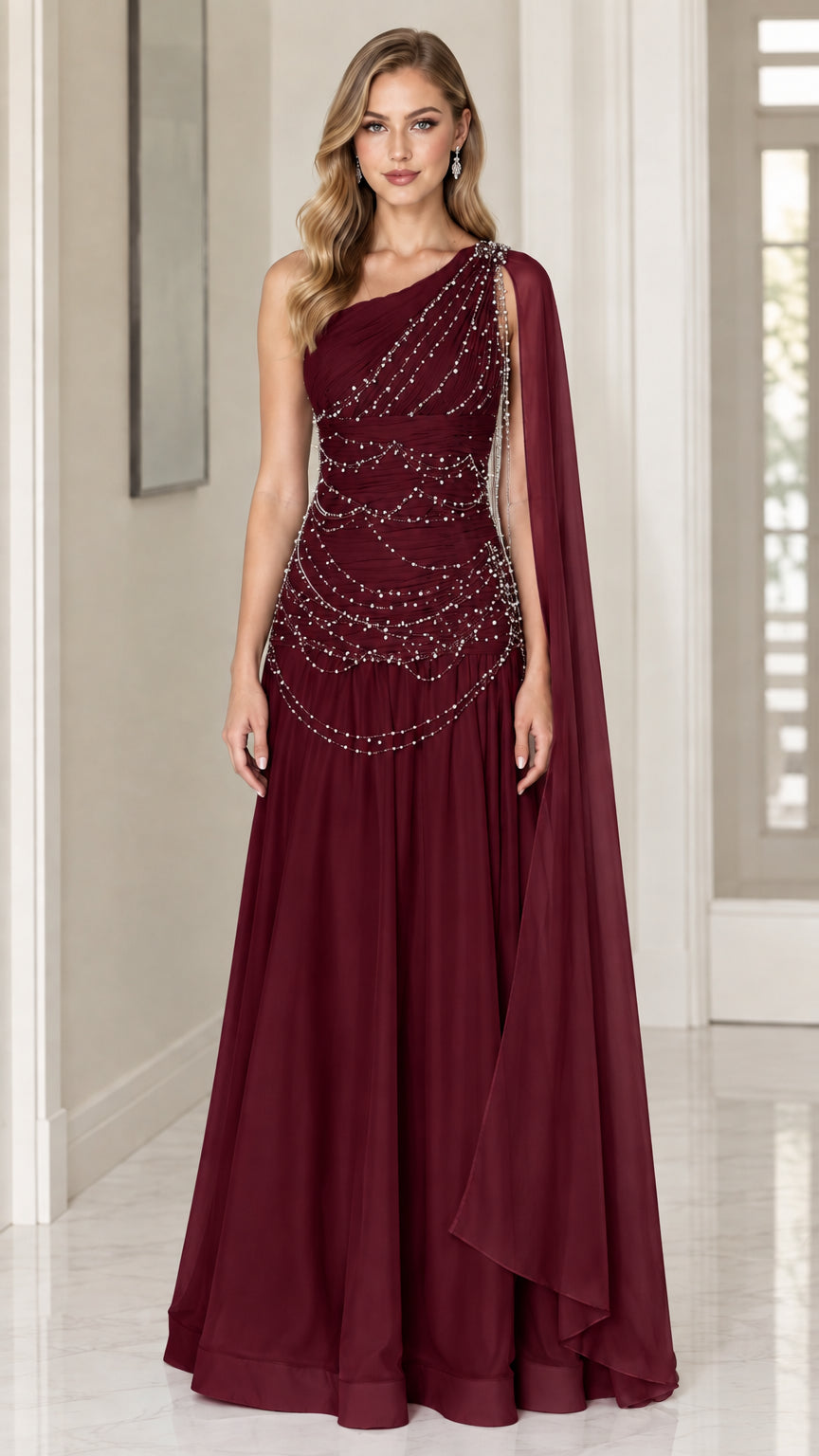 Front view of model wearing Burgundy one-shoulder beaded formal evening dress