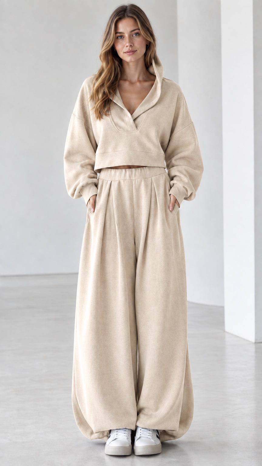 Full front view of women's two-piece cropped hoodie and wide-leg sweatpants set in Beige