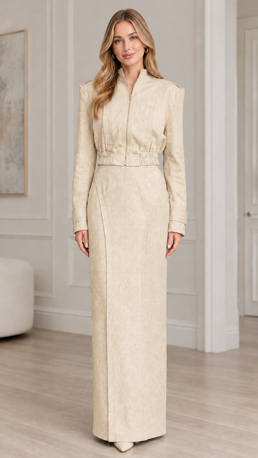 Champagne beige elegant zip-front jacket and column maxi skirt set