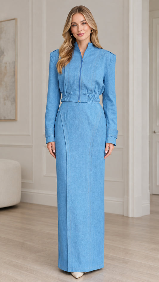 Sky blue structured zip jacket and matching column maxi skirt set front view