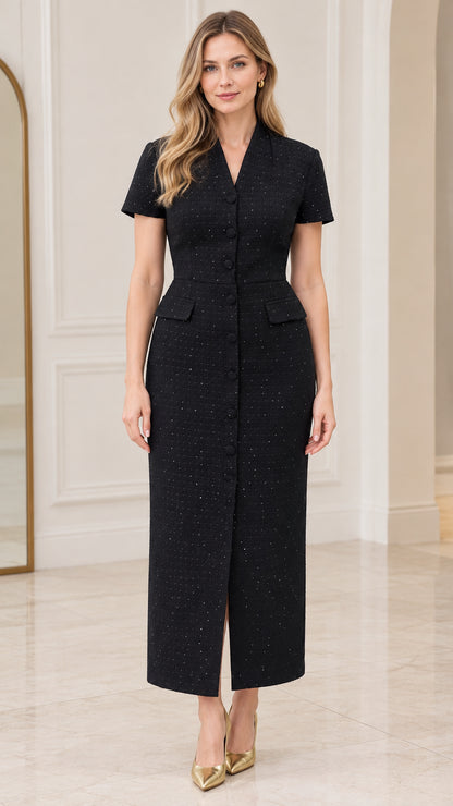 Front view of model wearing black short-sleeve tweed midi column dress with button front