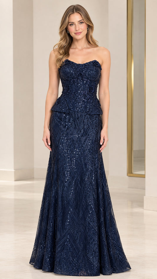 Navy Blue strapless floral sequin peplum mermaid evening gown front view