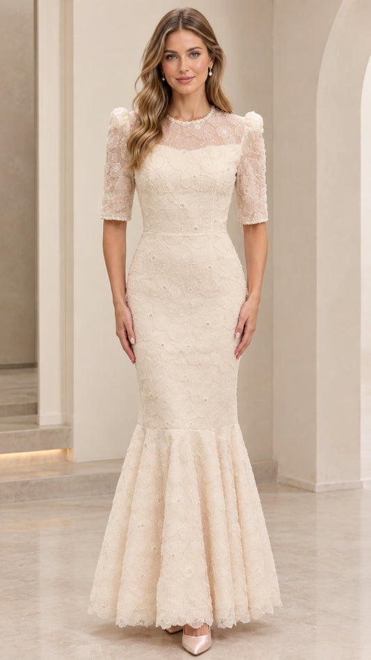 Front view of model wearing cream floral lace mermaid evening gown with half sleeves