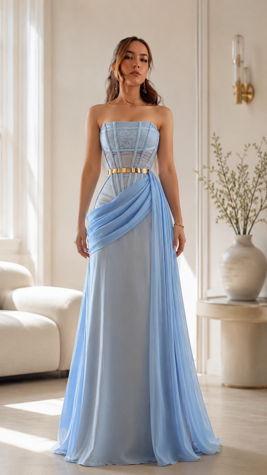 Sky blue strapless draped corset maxi evening dress front view