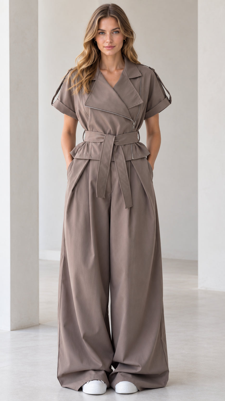 Front full-length view of woman wearing taupe asymmetrical zip wide leg jumpsuit with tie belt