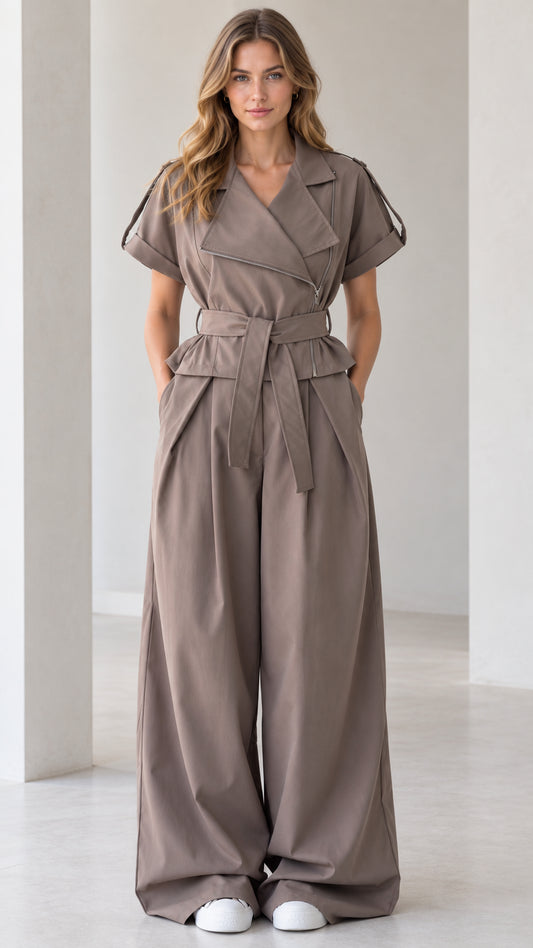 Front full-length view of woman wearing taupe asymmetrical zip wide leg jumpsuit with tie belt