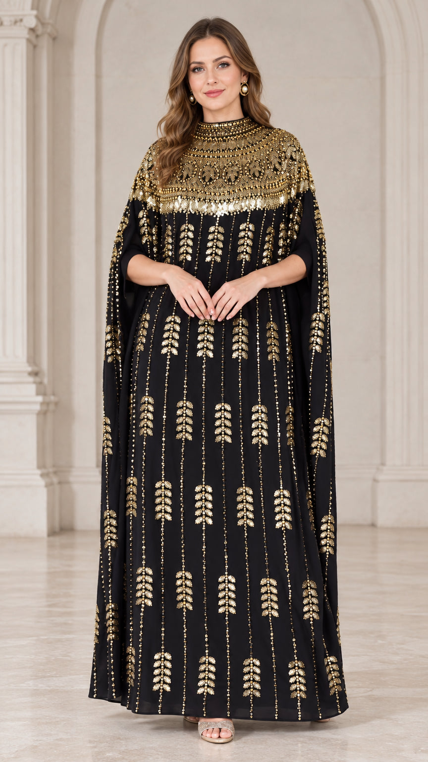 Front view of black kaftan maxi dress with gold sequin embellished neckline and cape sleeves