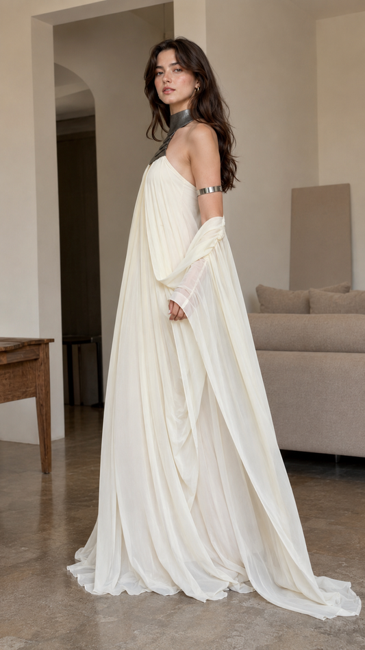 Side view of ivory flowing halter maxi gown with cape-style drape