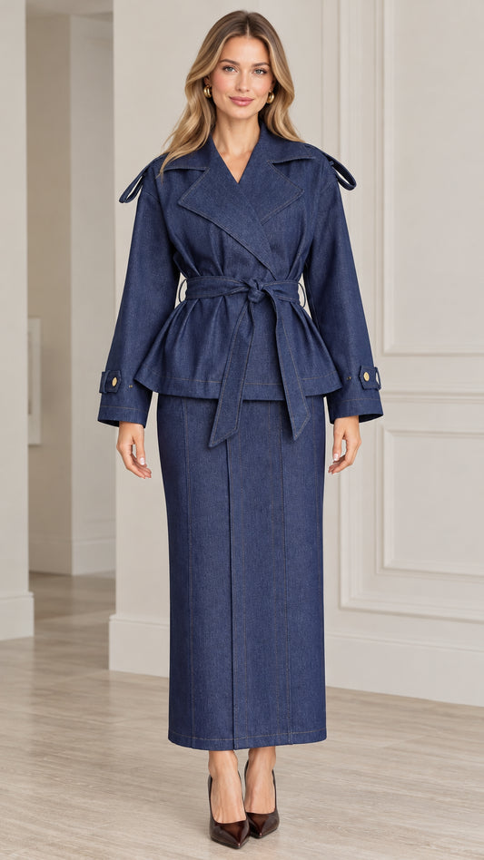 Front view of model wearing Denim Blue belted trench jacket and maxi skirt set