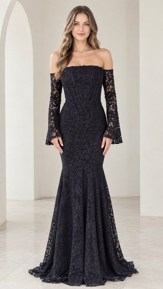 Full front view of black off-the-shoulder lace mermaid evening gown with flared sleeves