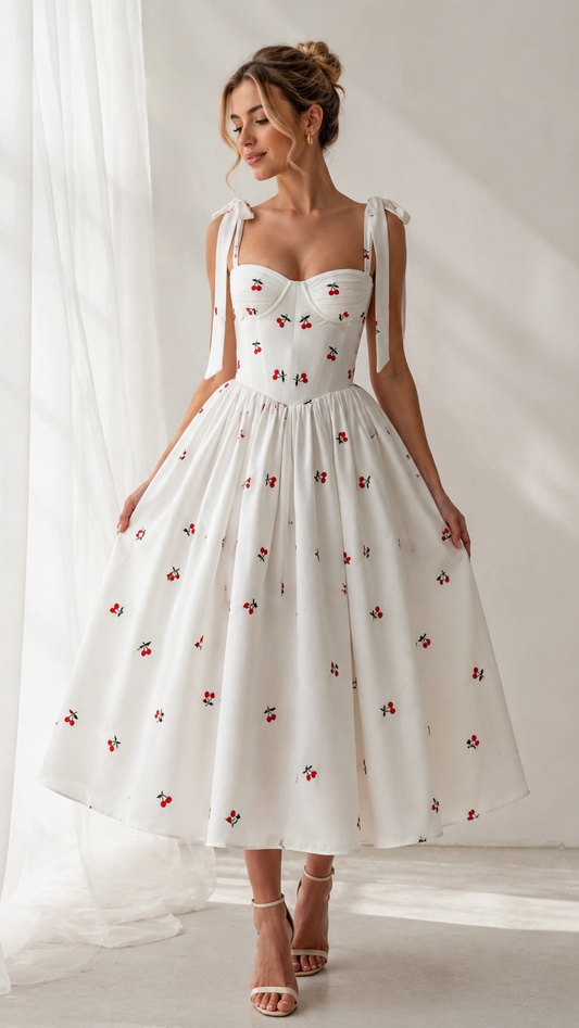 Front view of white cherry print tie-strap sweetheart midi dress with full skirt