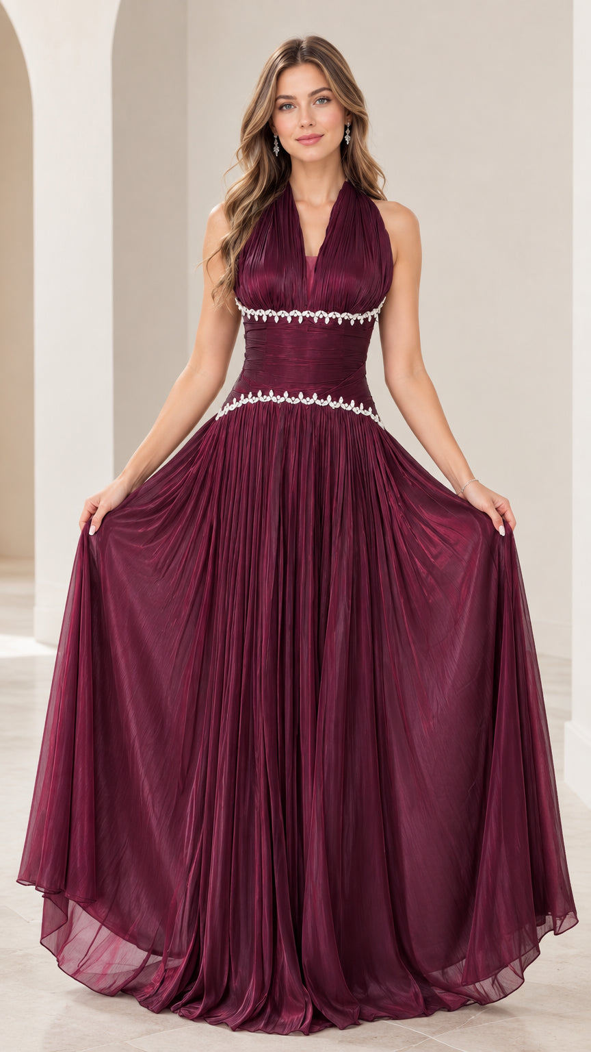Burgundy pleated halter neck evening gown front view