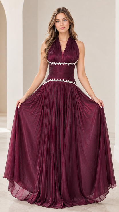 Burgundy pleated halter neck evening gown front view