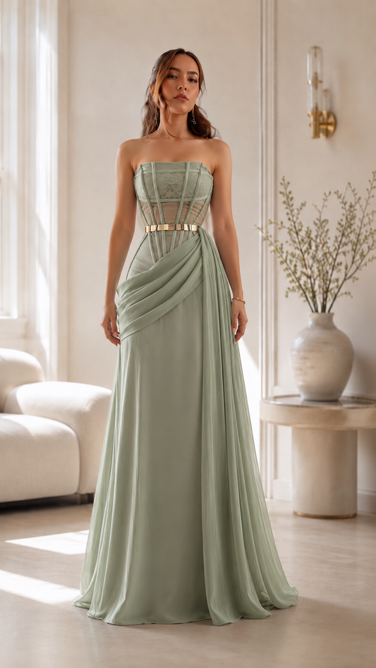 Sage green strapless draped corset maxi evening dress front view