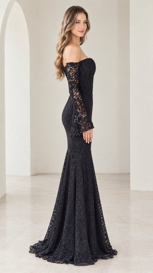 Side profile view of black corset lace mermaid evening dress showing fitted silhouette