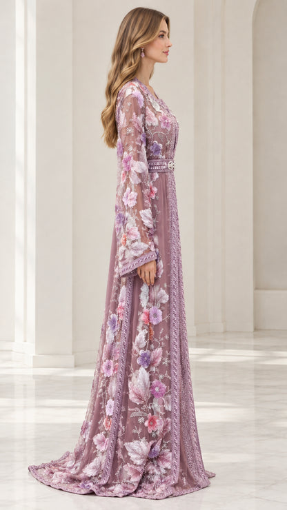 Side profile view of dusty mauve floral caftan maxi gown showing flowing silhouette
