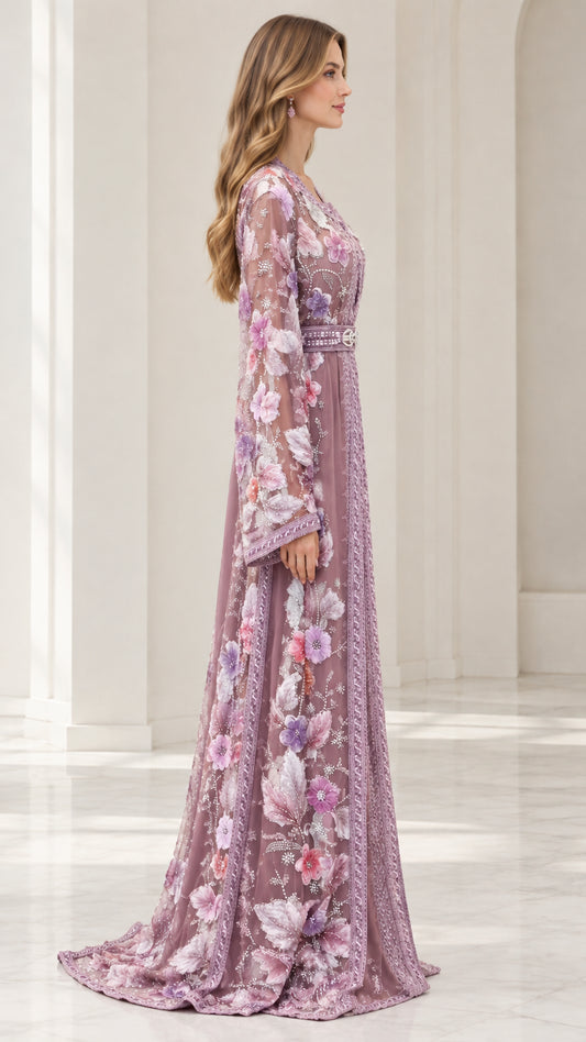 Side profile view of dusty mauve floral caftan maxi gown showing flowing silhouette