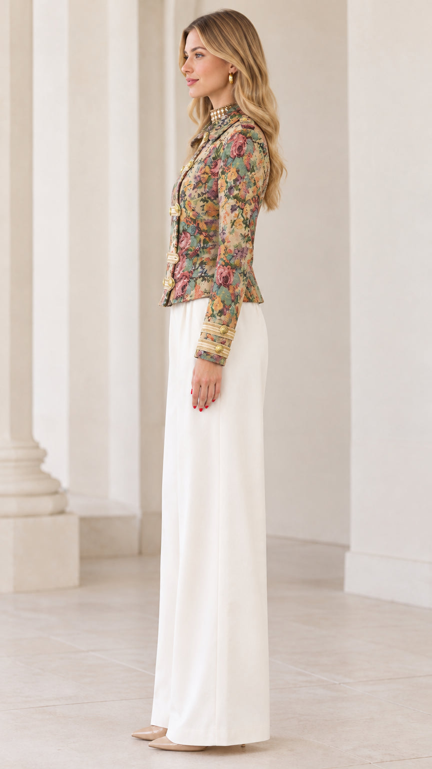 Side profile view of model wearing Multi Floral tapestry military jacket