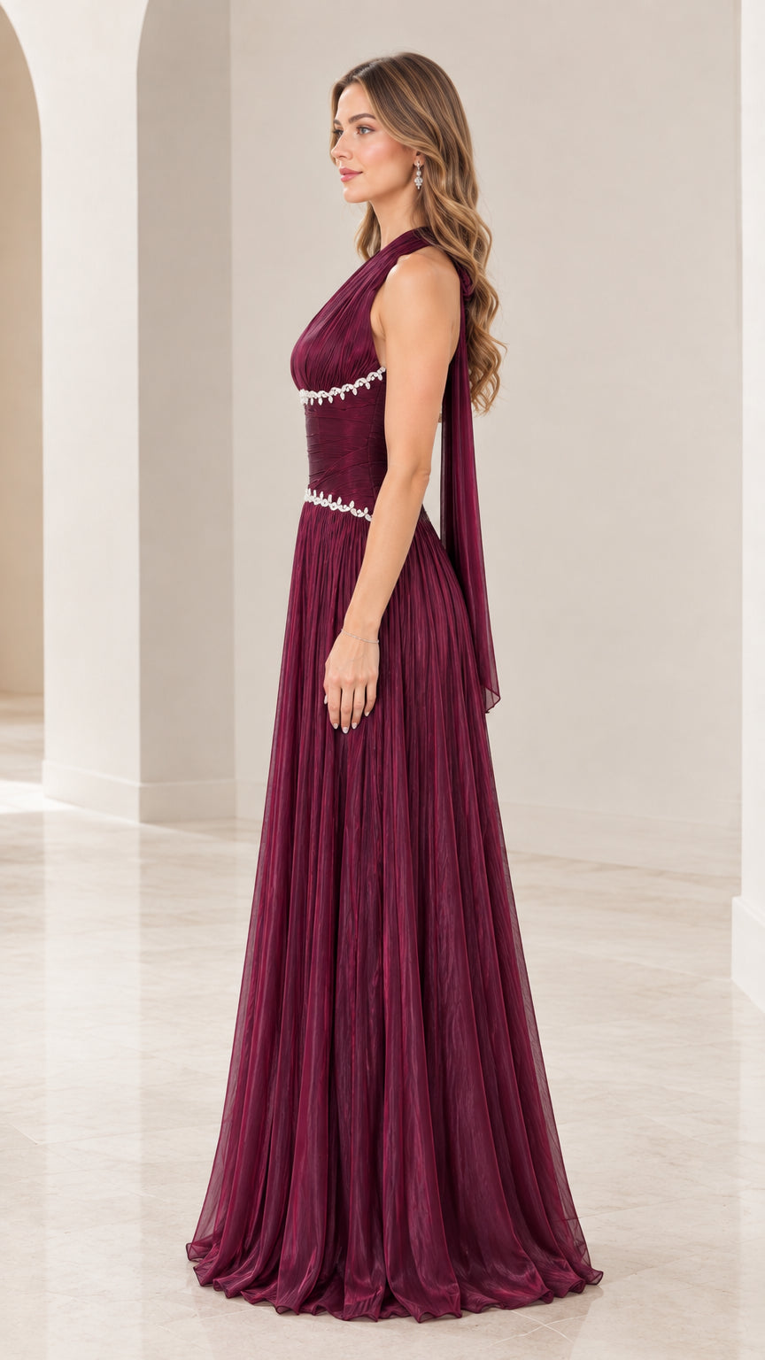 Burgundy halter formal maxi dress side profile