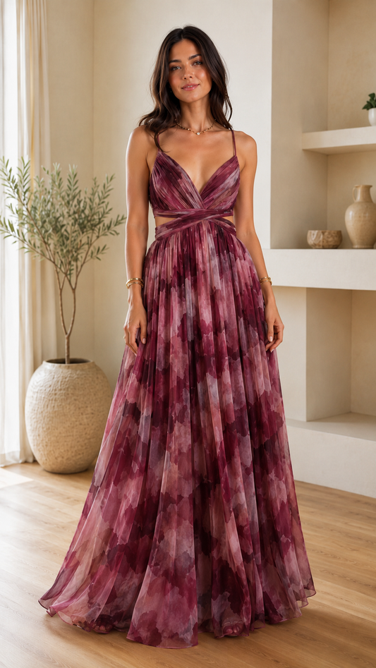 Front view of burgundy watercolor maxi dress with deep V neckline and flowing skirt