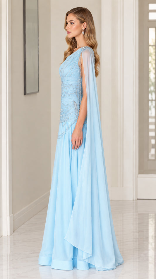 Side angle view of model wearing Ice Blue beaded chiffon maxi gown with cape drape