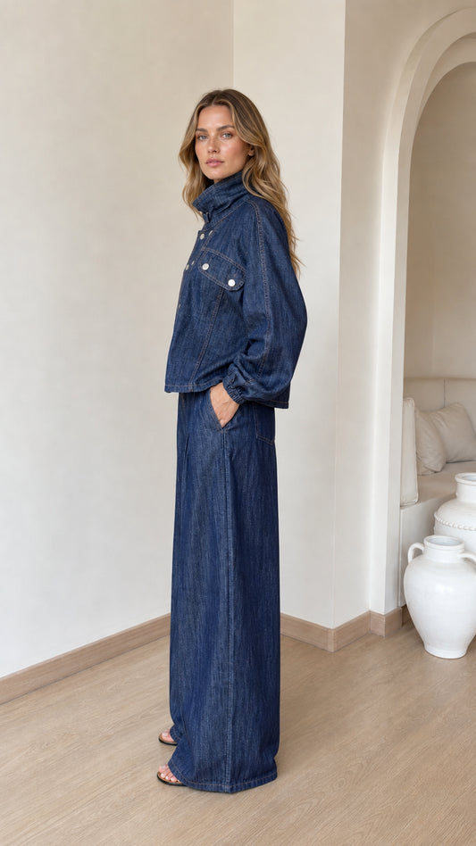 Side profile view of dark denim set