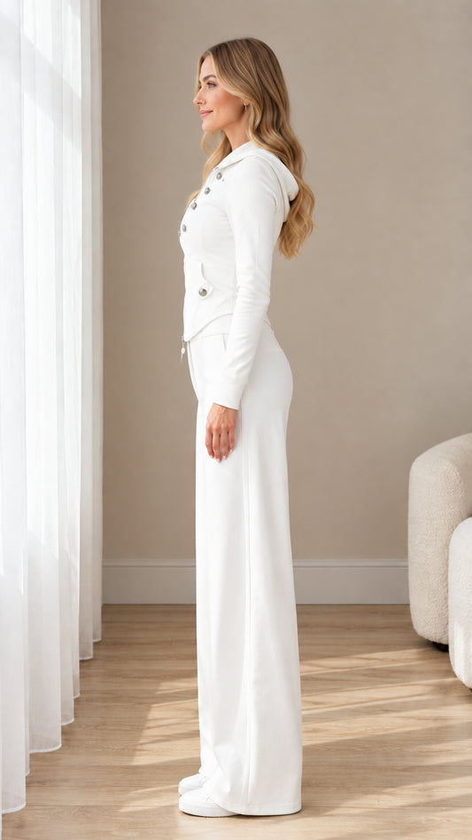 Side profile view of women's white 2-piece hooded wide-leg lounge set
