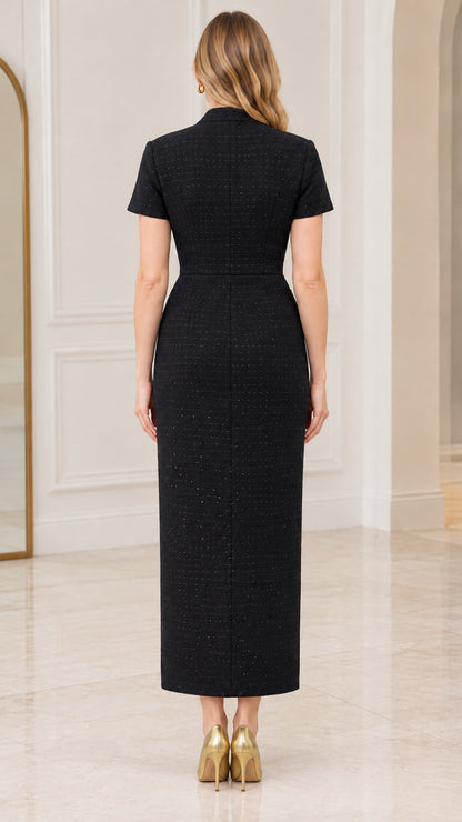 Back view of model wearing black short-sleeve tweed sheath dress