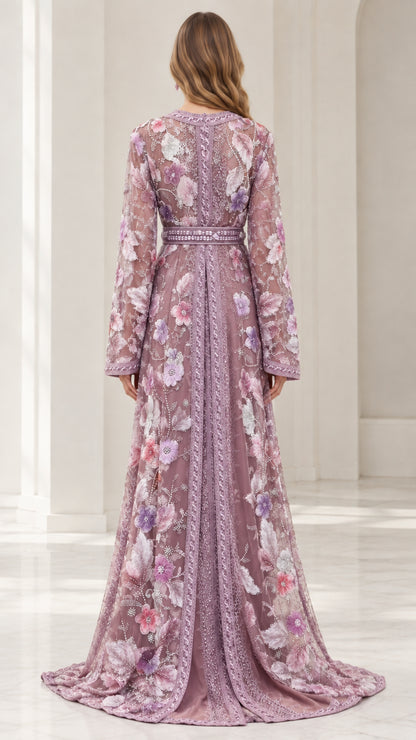 Back view of dusty mauve embroidered evening caftan dress with floor-sweeping hem