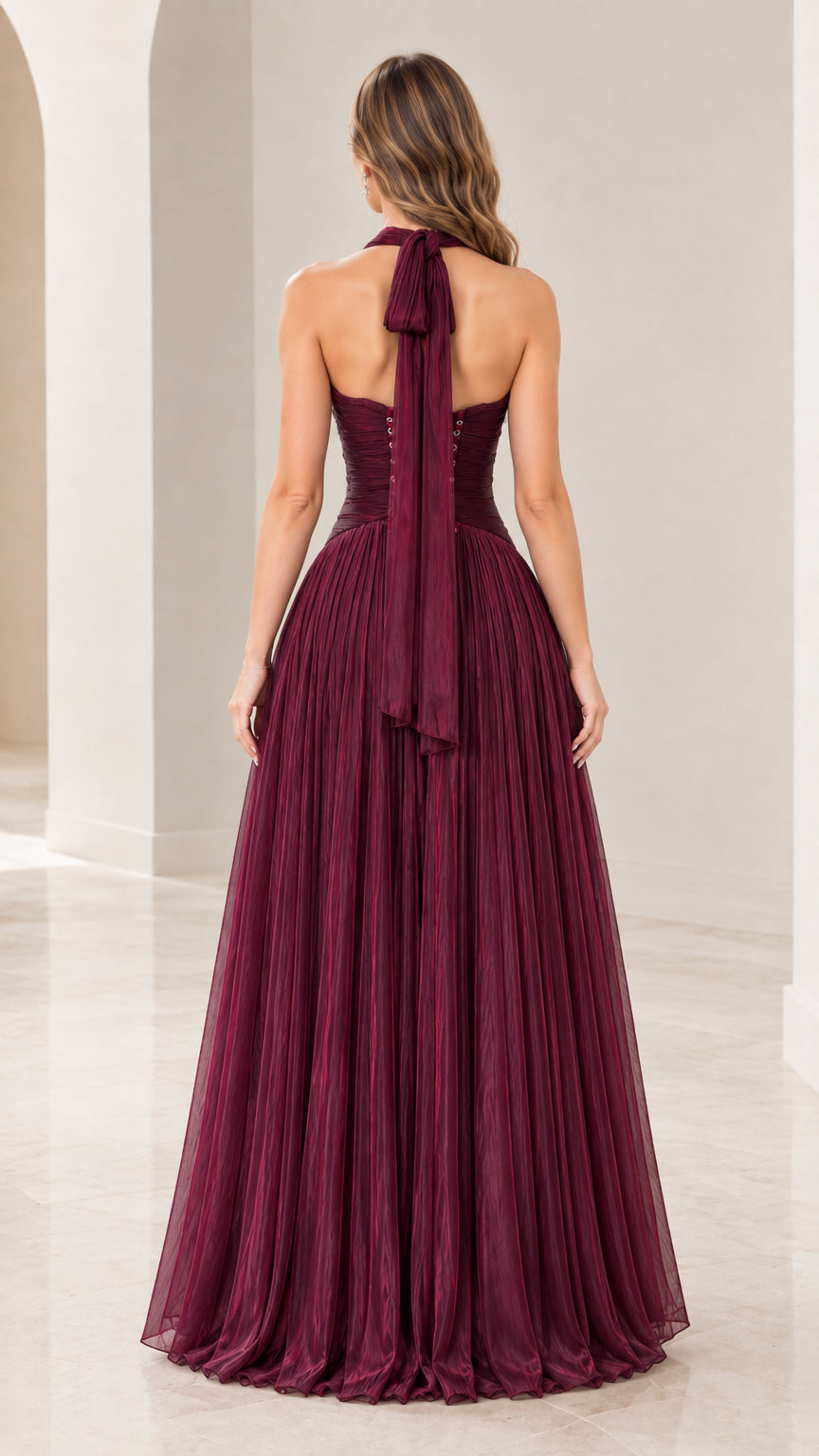 Burgundy evening gown back view with tie halter and corset lace-up detail