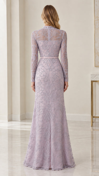 Back view of woman wearing lavender lace evening gown showing seamless zip closure
