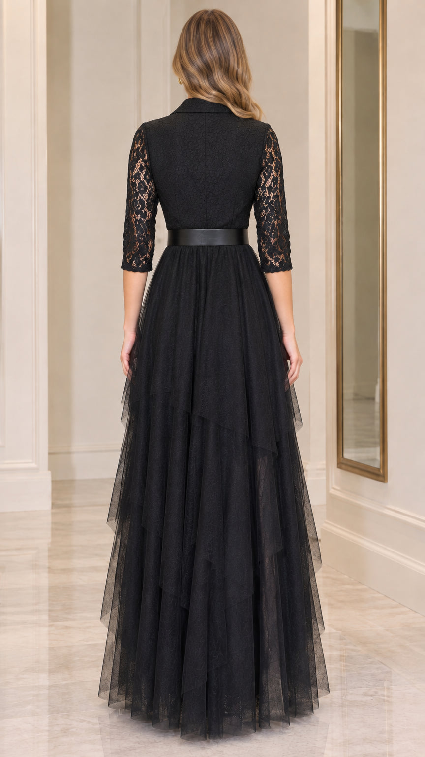 Back full-length view of black belted lace tiered evening maxi dress