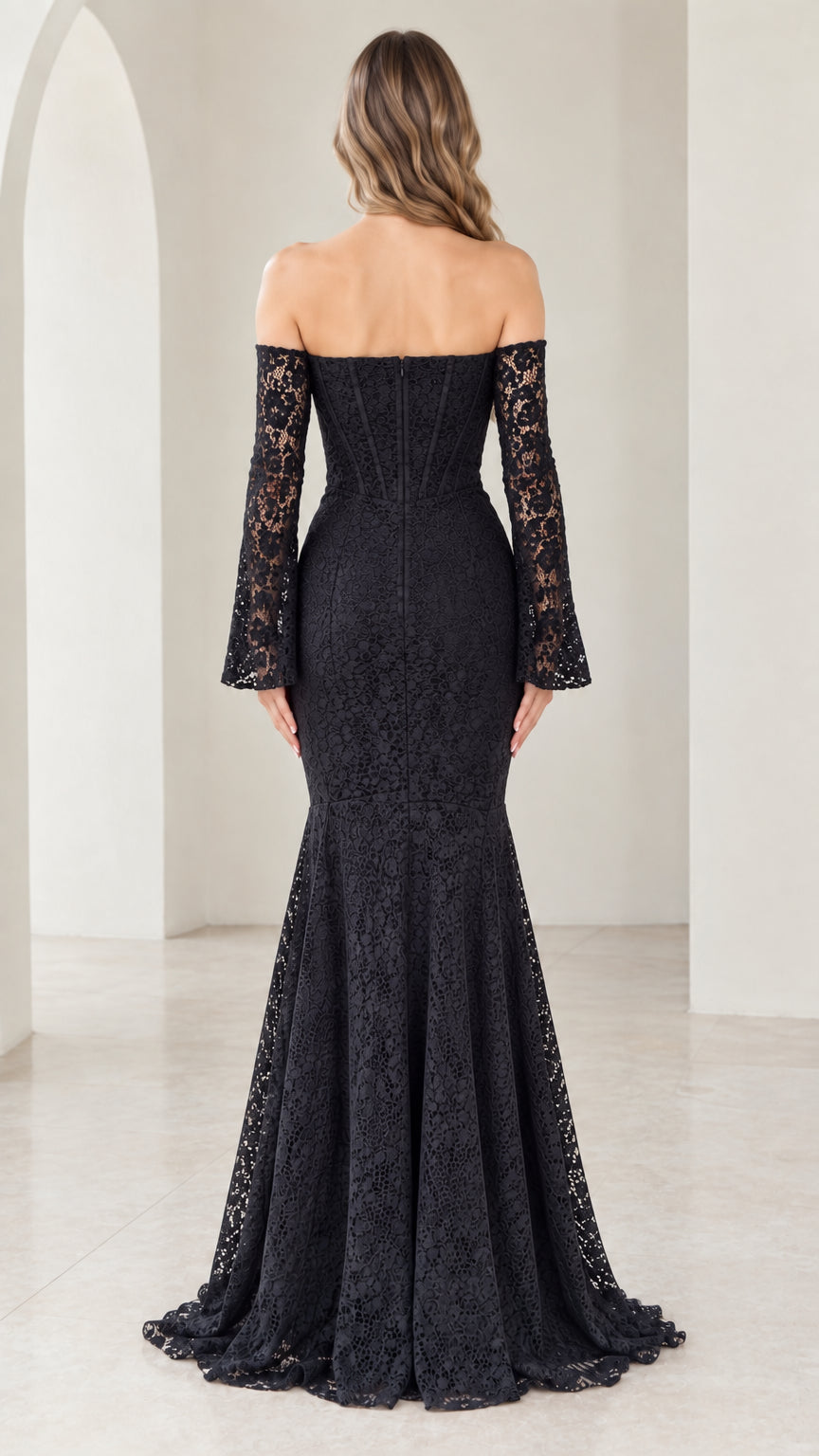 Back view of black off-the-shoulder lace floor-length mermaid gown