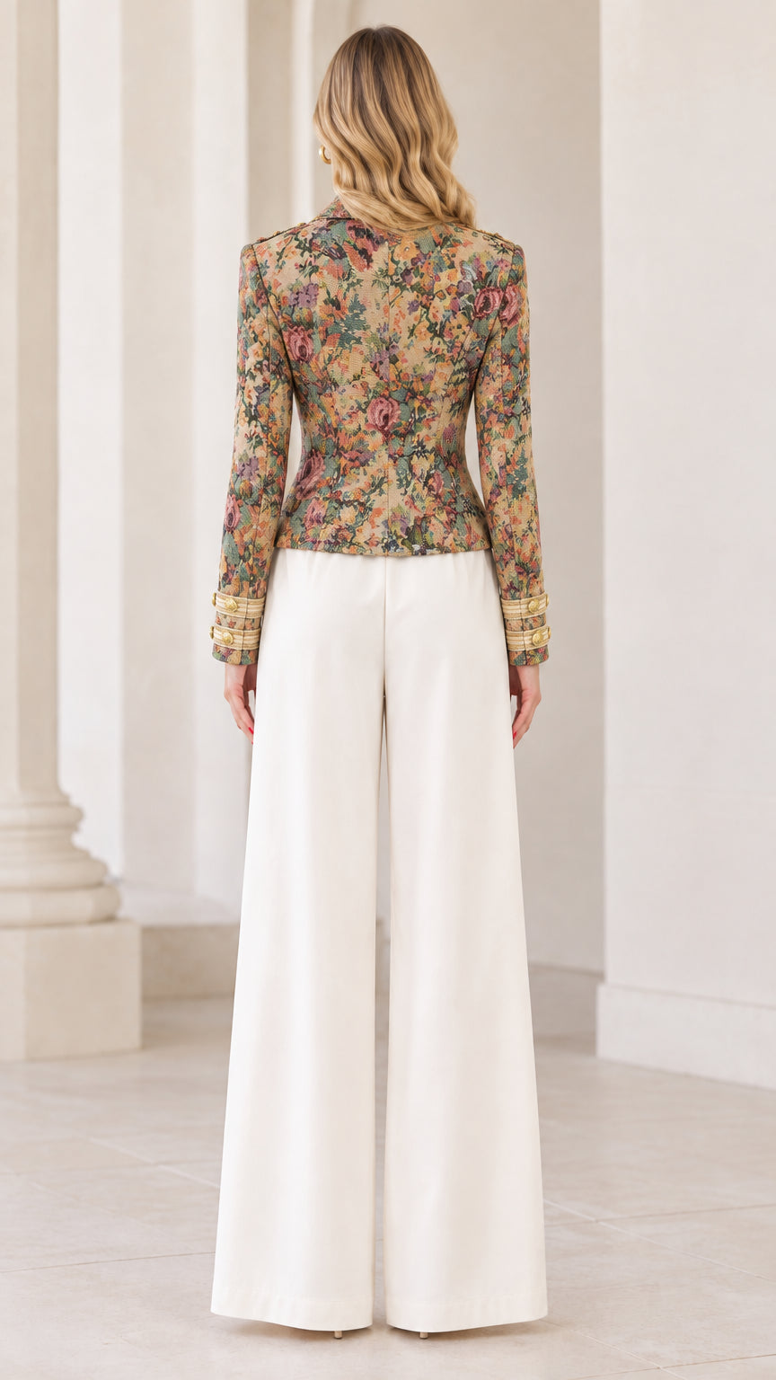 Back view of model showing tailored fit of Multi Floral tapestry military jacket